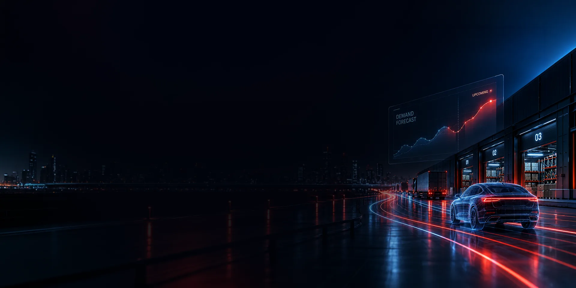 Aftersales Intelligence: connected car on a night road beside a warehouse demand-forecast display