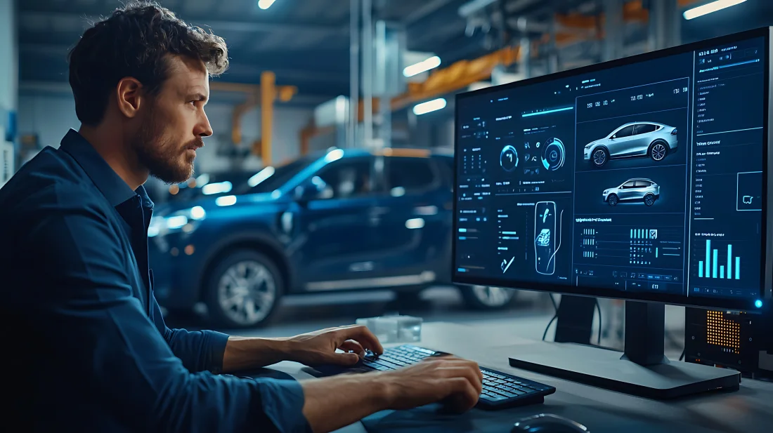 Engineer validating vehicle software on screen