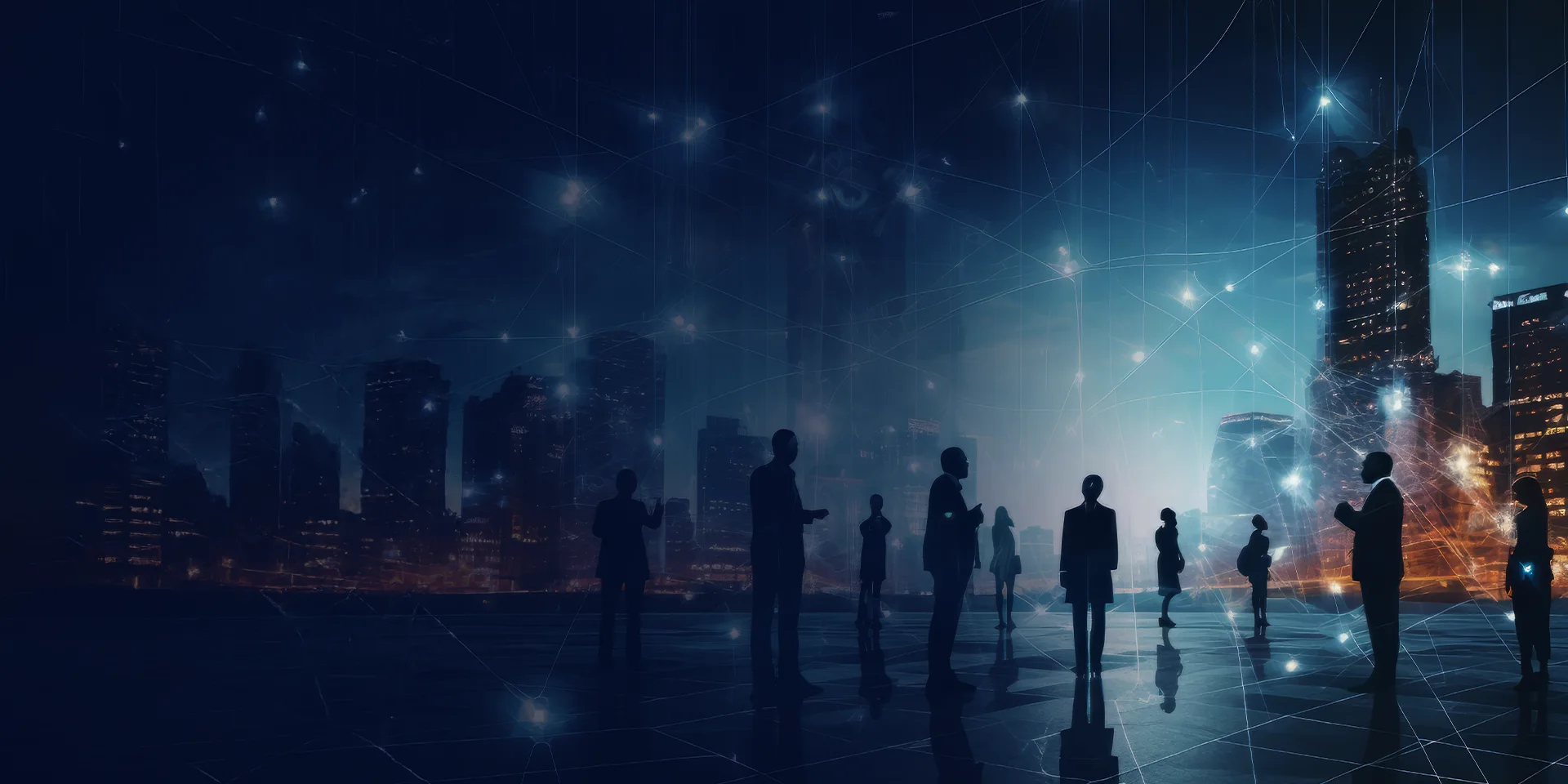 Silhouetted professionals against a connected city skyline at night