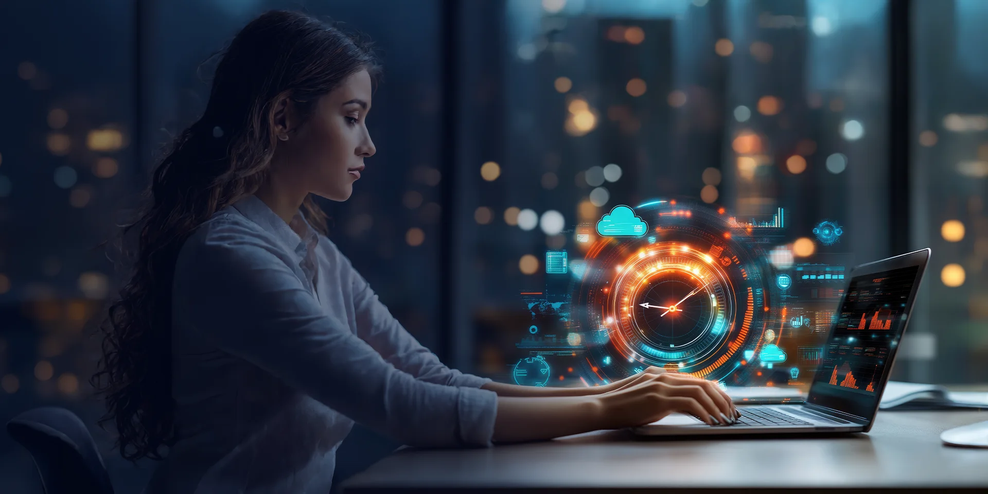 Engineer at a laptop with cloud-native application performance graphics