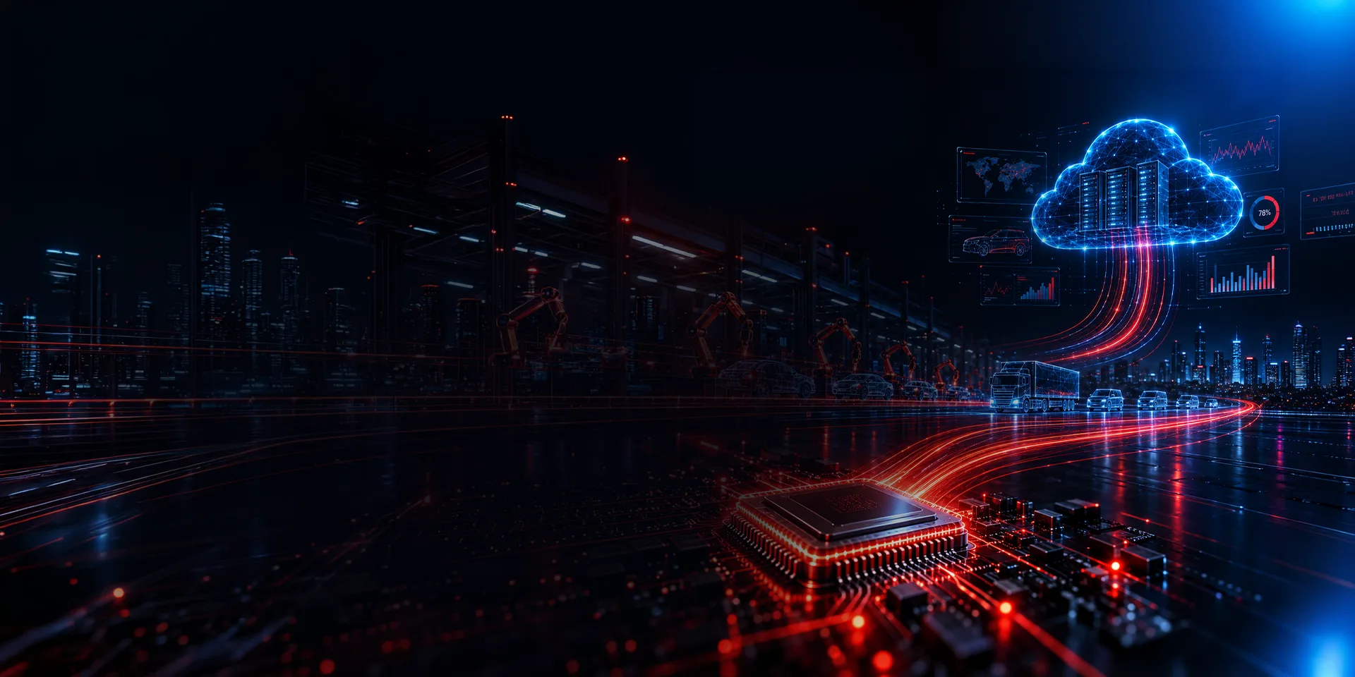 Contact Ferfier: a connected plant, city and data cloud at night, chip to cloud