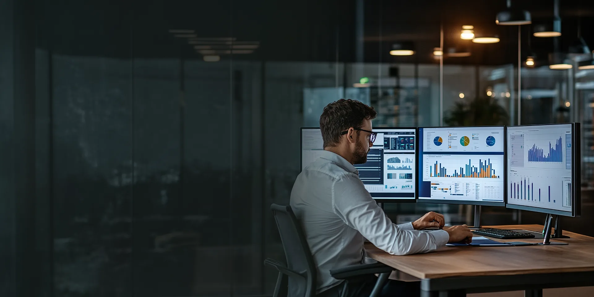 AI and analytics: analyst at a desk with three monitors of dashboards in a dim office