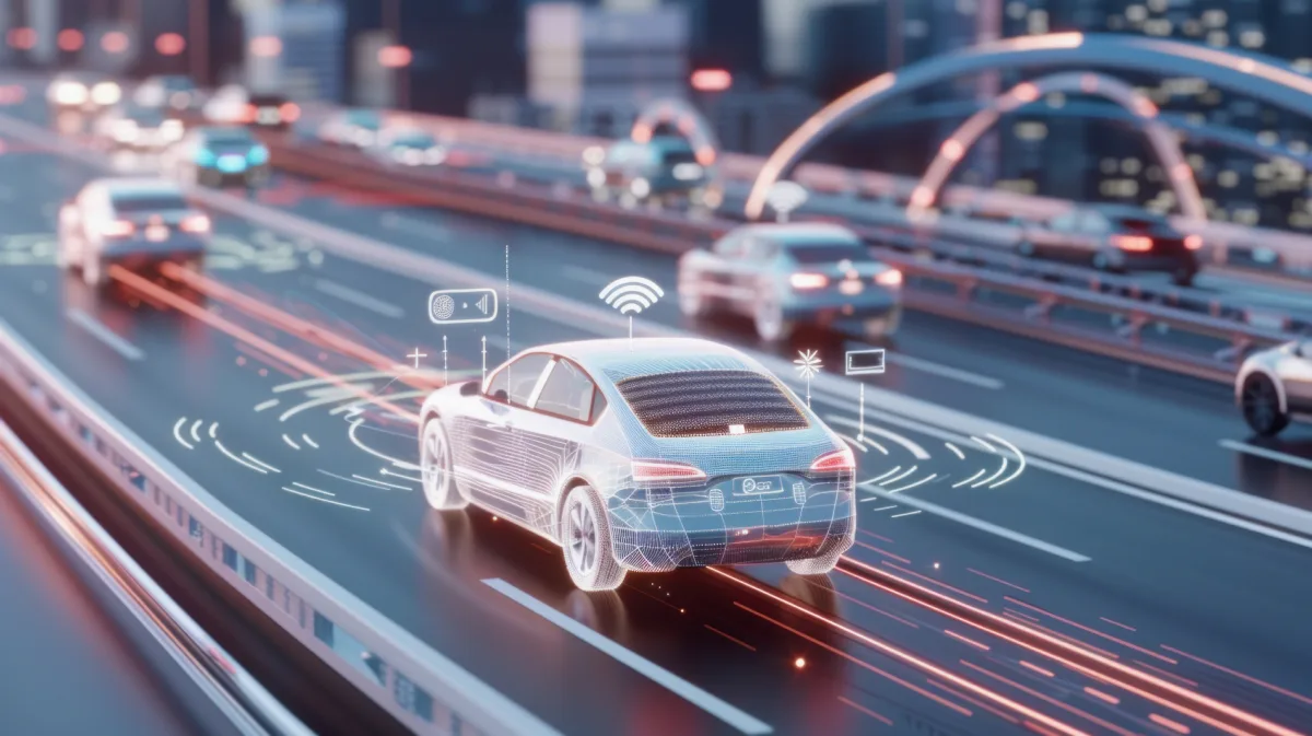 Connected cars on a highway with data overlays