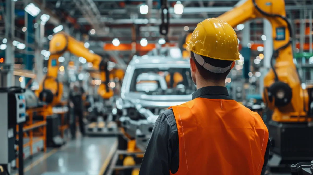 Worker in a hard hat in front of robotic arms on an assembly line