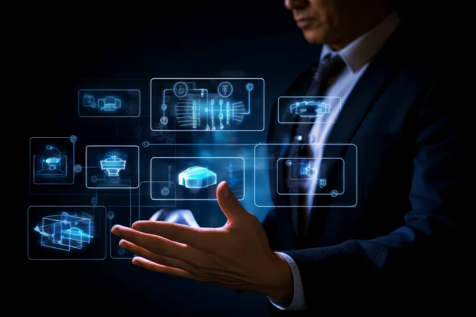 Businessman gesturing toward floating data-flow diagrams