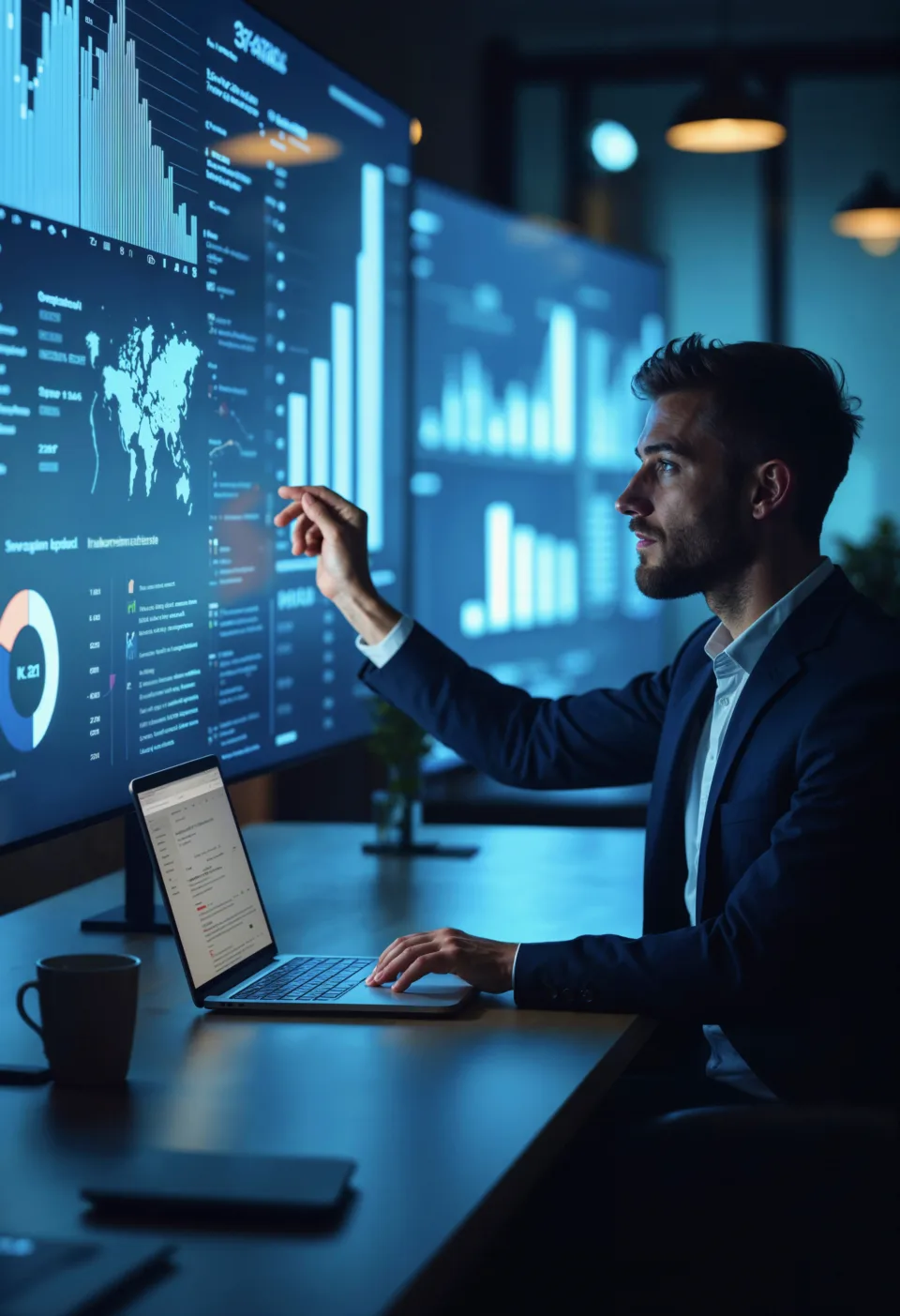Analyst pointing at a wall of charts beside a laptop
