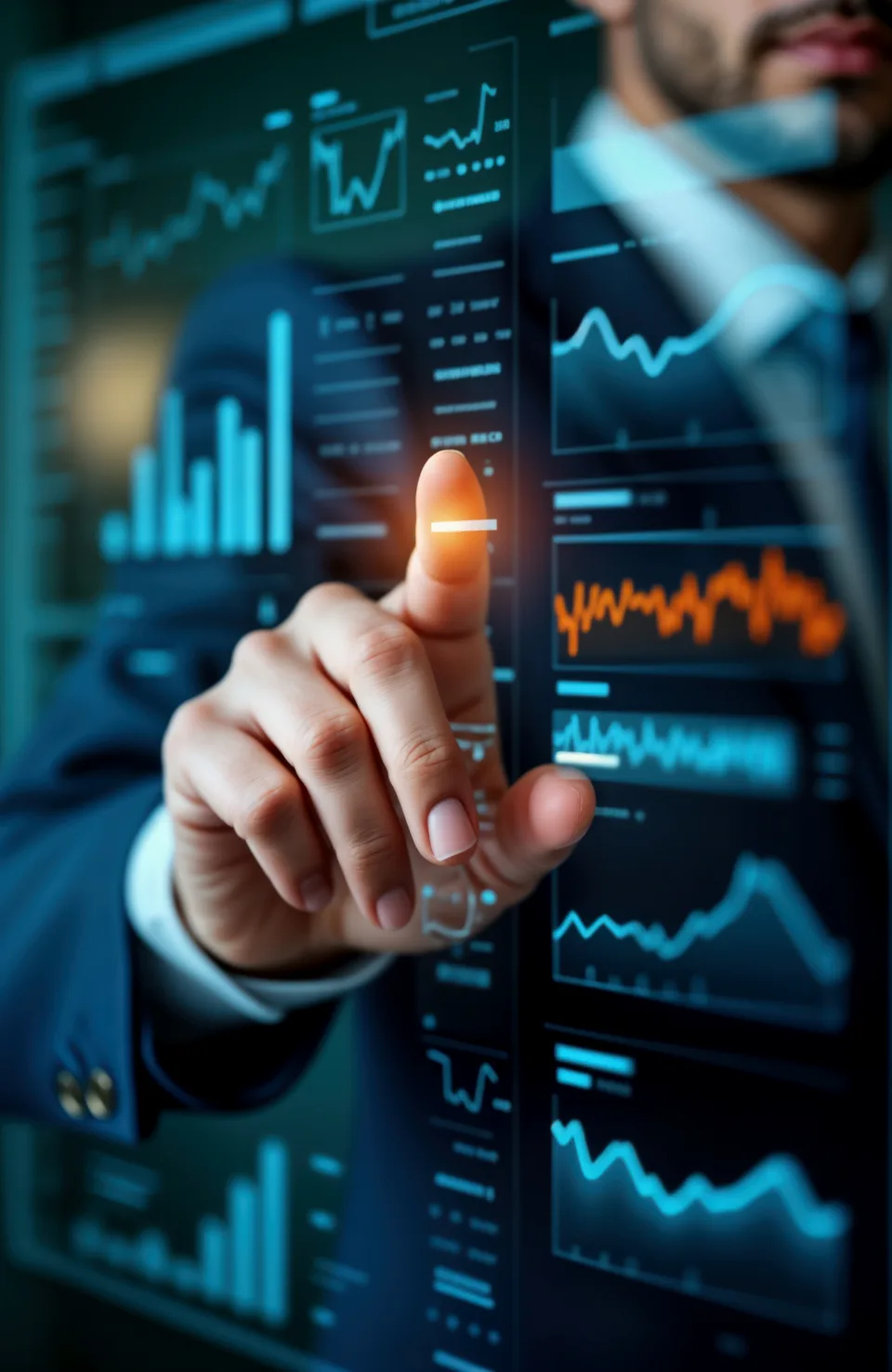 Hand touching a tall display of charts