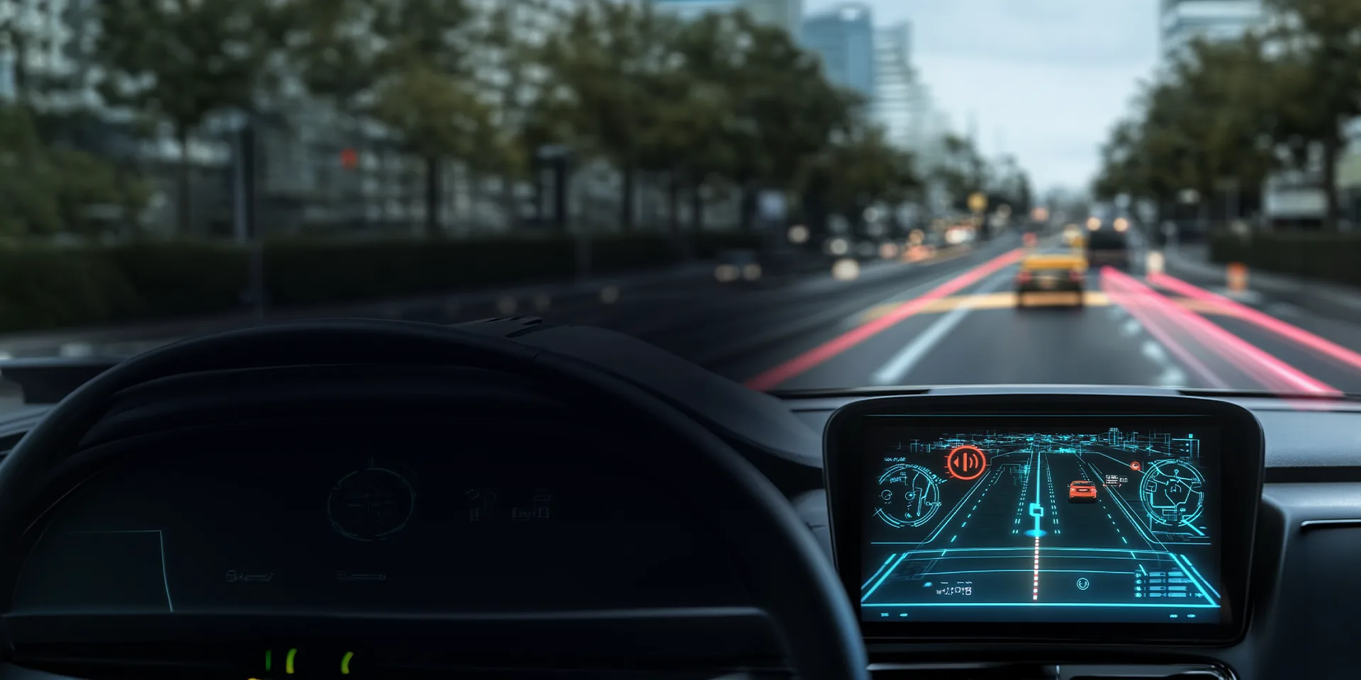 Digital Twin Studio: city road at dusk seen from a car dashboard, with a navigation display and light trails