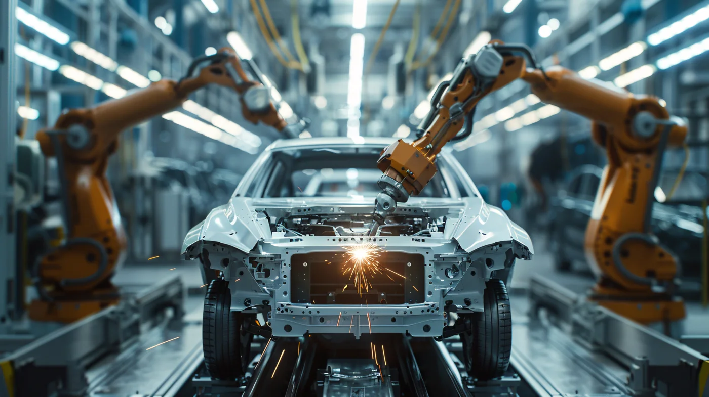 Robotic arms assembling a car body on a production line