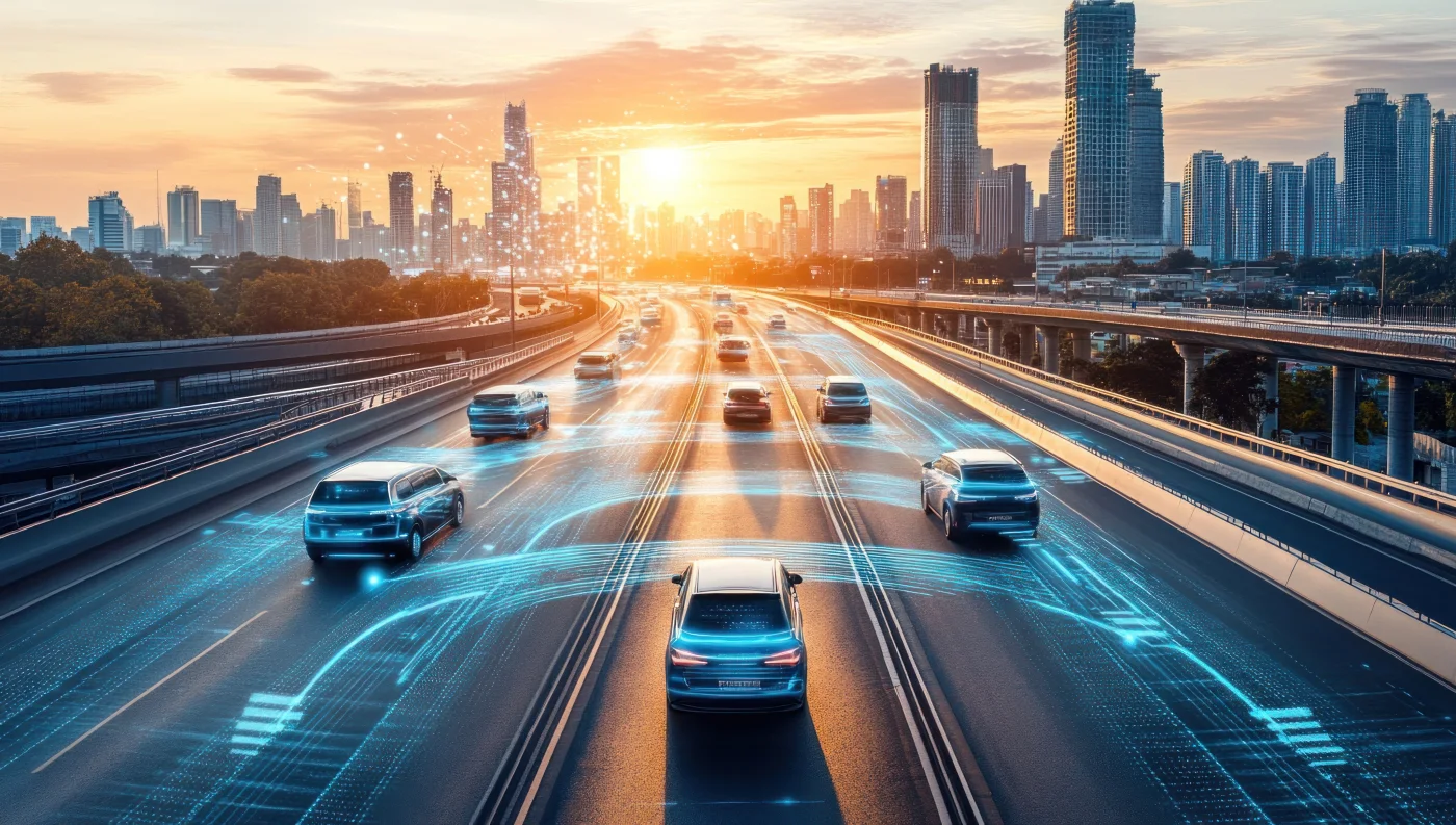 Connected vehicles on a city highway at sunset