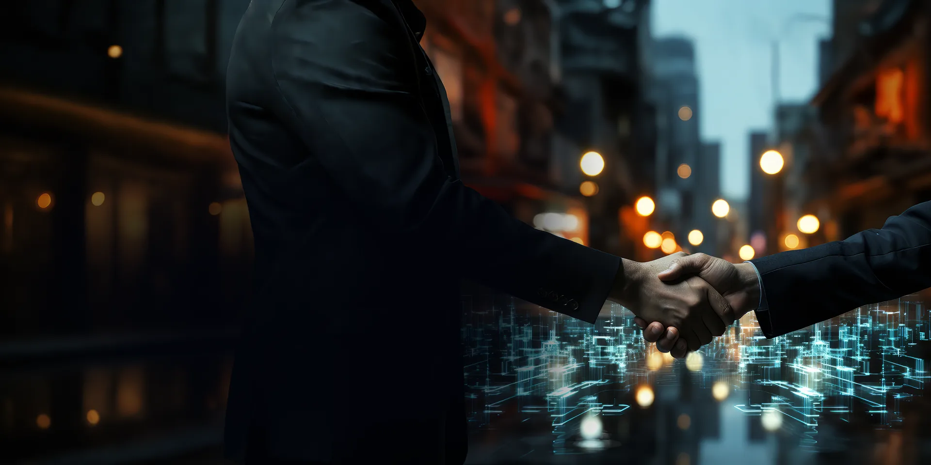 Salesforce services: business handshake on a city street at night, with a data network overlay