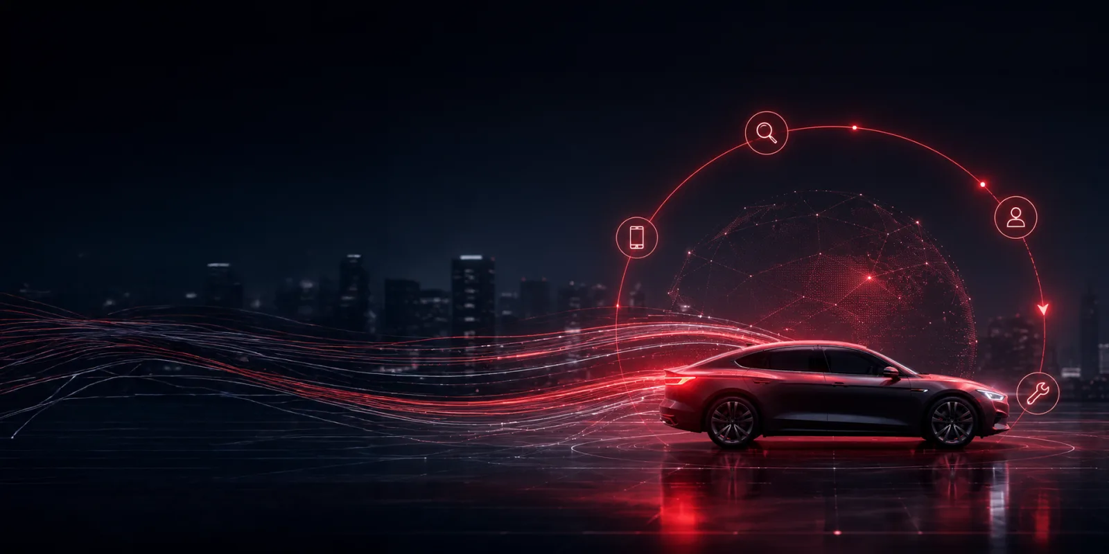 Car with a ring of search, customer, mobile and service icons over a night skyline: outcomes proven with a global automaker