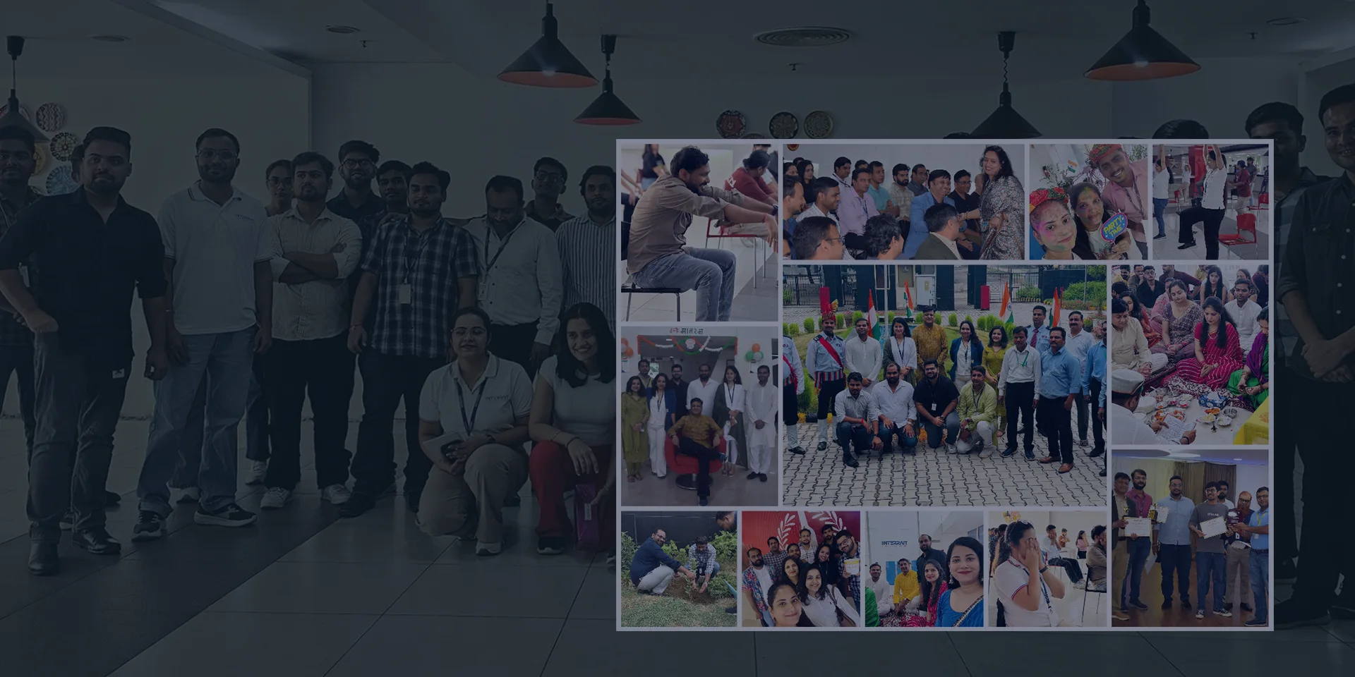 The Ferfier team together in the office, beside a collage of team events